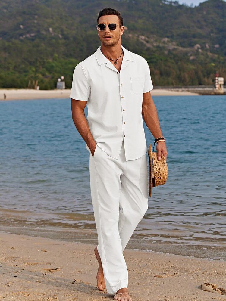 Men's Two Piece Set Short Sleeve Button Down Shirt And Loose Casual Pants Solid Color Beach Wear_viptrois.com