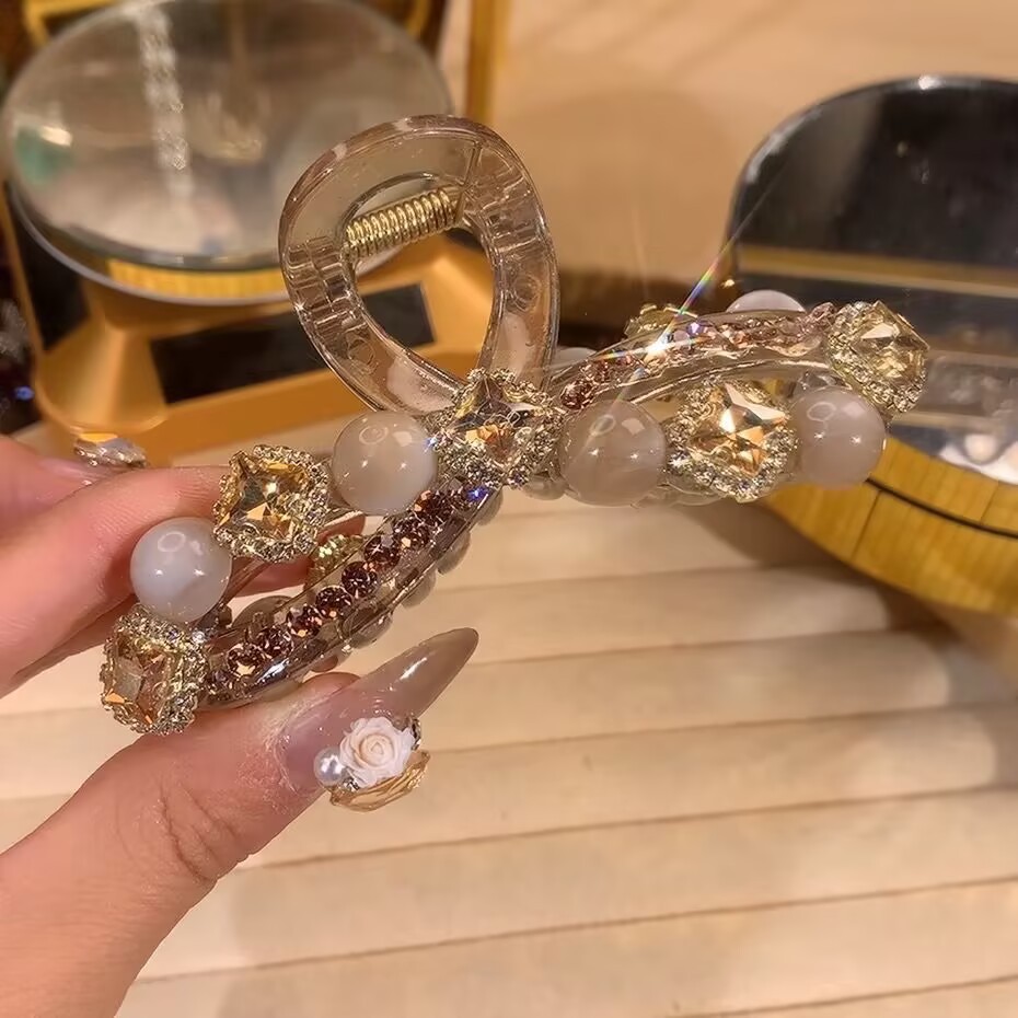 South Korea high-end blue brushed crystal diamond grip clip temperament light luxury back head plate hair grip large shark clip