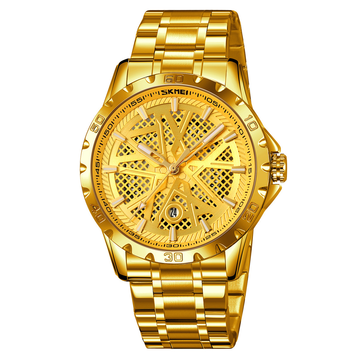 Momento de reloj de hombre redondo hueco correa de acero impermeable calendario reloj de pulsera simple reloj de cuarzo comercial al por mayor transfronterizo