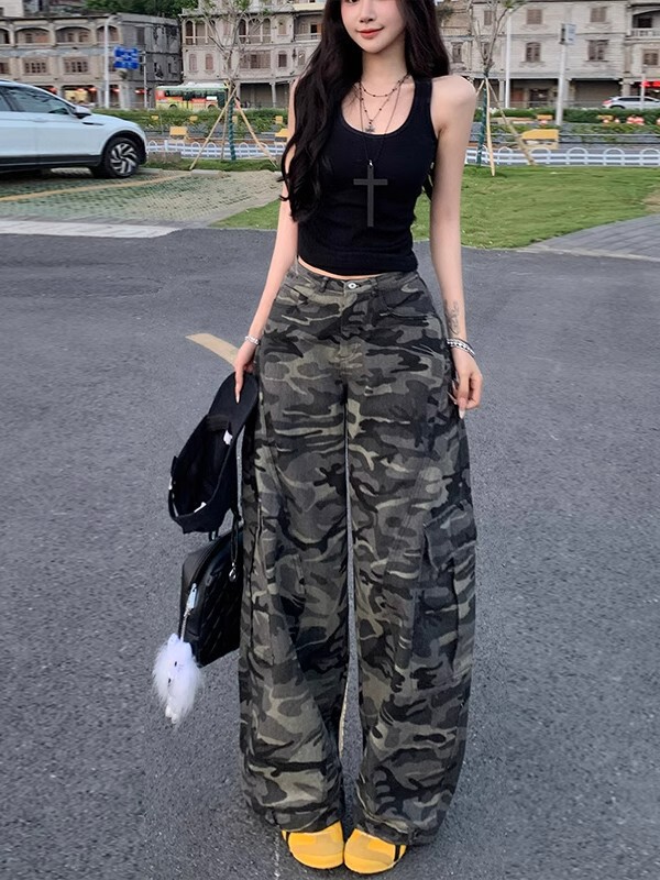 嘻哈风迷彩工装弯刀牛仔裤女春秋季新款高腰宽松显瘦美式休闲裤棉|undefined