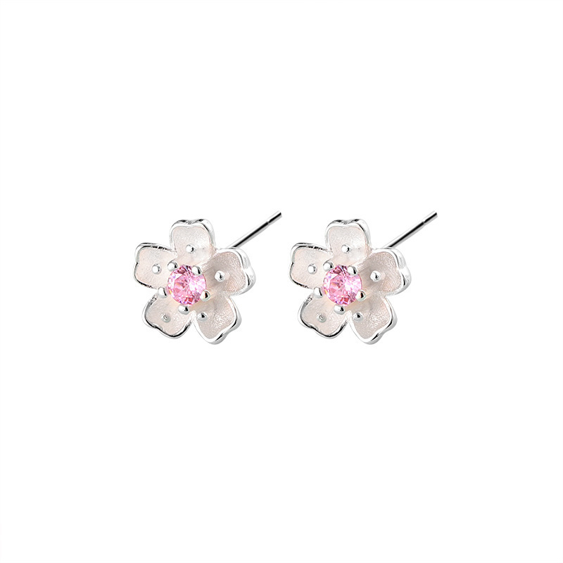 Flower Stud Earrings In Pure Silver With Pink Crystal Stones_voghion.com
