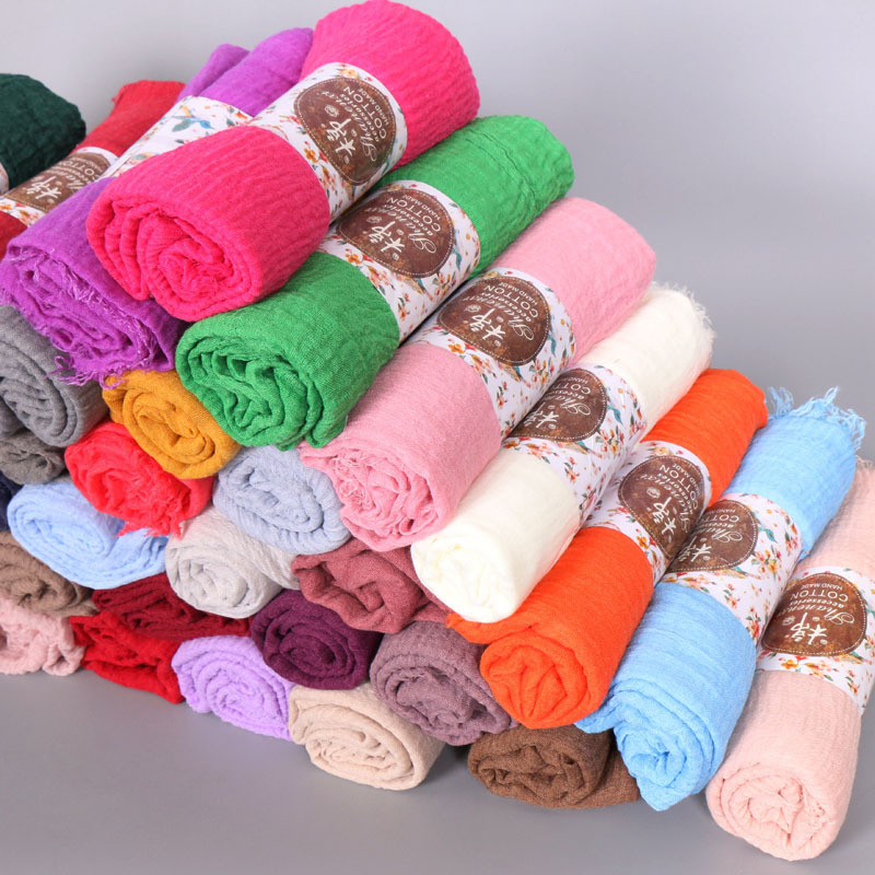 Pleated Cotton Solid Color Scarf, Gauze Scarf, Silk Scarf, Shawl, Hijab, Neck Scarf, Crinkled Cotton and Linen Fringe, Trendy Women's Cotton Fringe