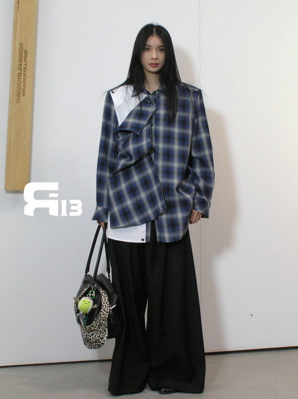 十三行R13 ニッチなデコンストラクトデザインのパッチワークチェック柄シャツミドル丈ジャケット卸売25SS|undefined