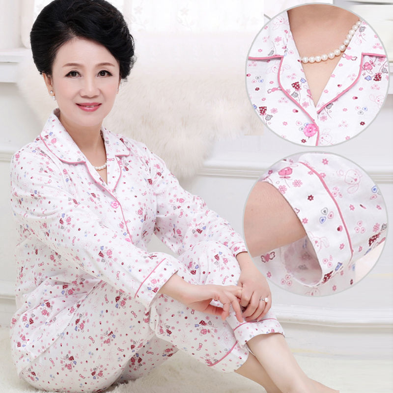 [Plus size] mamá de mediana edad y ancianos pijamas de manga larga de las mujeres de edad avanzada primavera y otoño ropa de hogar traje de Cardigan de verano