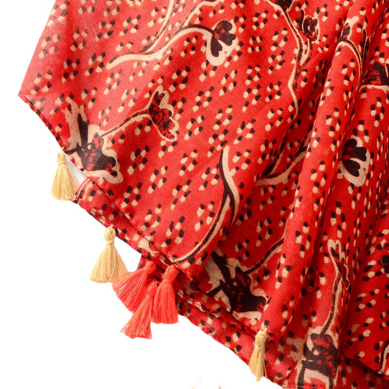 Retro rojo floral impreso algodón y lino sentir bufanda mujeres viajes decorativo al aire libre protección solar sombrilla Toalla de playa