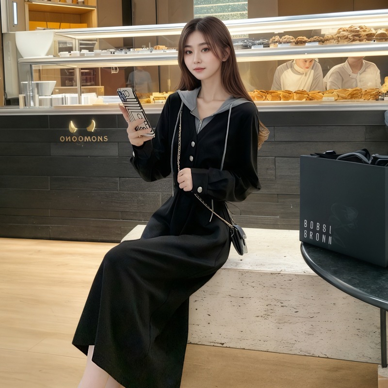 2025秋冬季新款女士休闲显瘦假两件连帽卫衣裙时尚气质收腰连衣裙|undefined