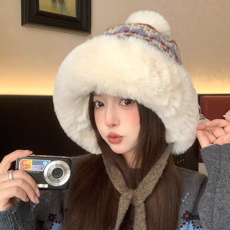 冬季毛线帽子提花雷锋帽子针织护耳民族加厚显脸骑行加绒防寒帽子|undefined
