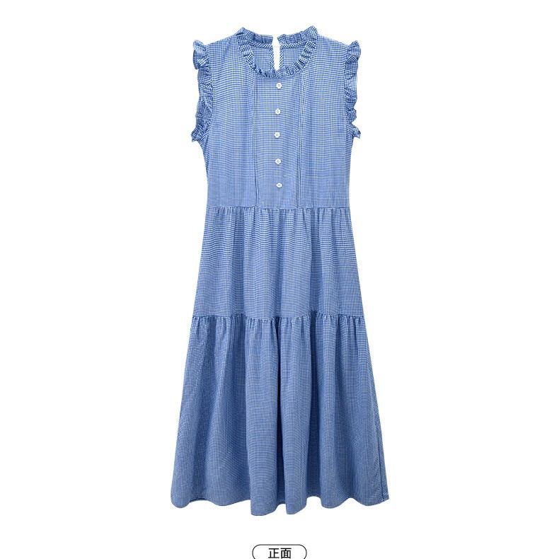 Vestido de manga voladora con cordones a cuadros de estilo de verano de niña nueva falda de línea media de temperamento de niña