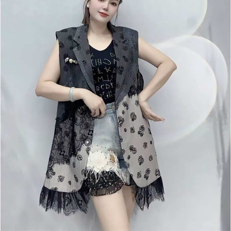 Marca de marea europea 2026 primavera y verano nuevo estilo estilo estilo extranjero empalme Jacquard cuello chaleco de mujer medio largo chaleco image 4