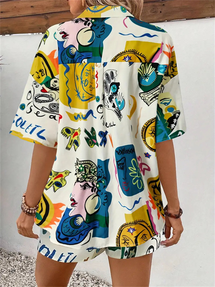 Graffiti Printing Cardigan Shirt Shorts Two Piece Set Contrast Color Casual Pants Casual Women Spring Autumn Clothing Amplified craft