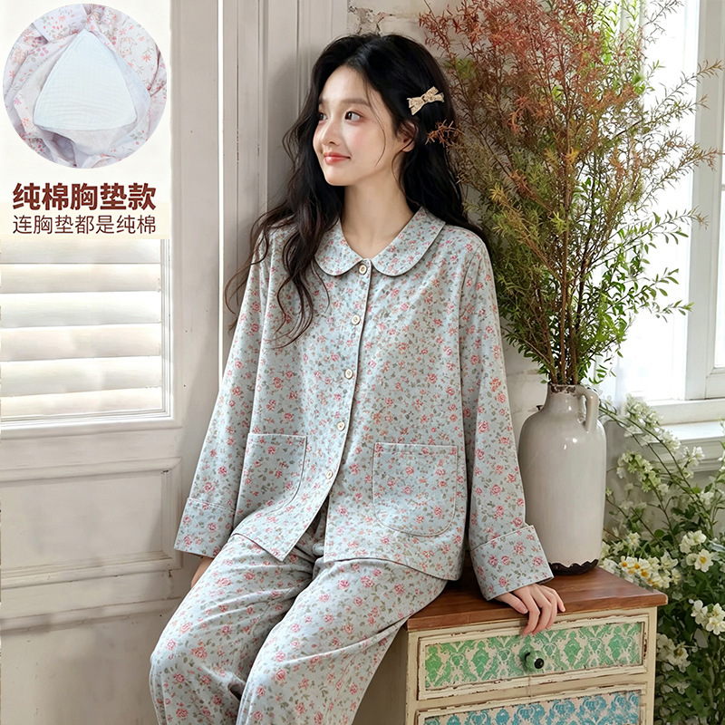 Women's cotton pajamas with chest pads, pure cotton double-layer gauze, long-sleeved home wear for spring and autumn, lapel cardigan set, thin style