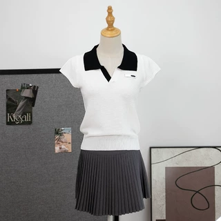 韩版POLO翻领夏季短袖字母针织衫女套头拼接两色百搭修身设计上衣