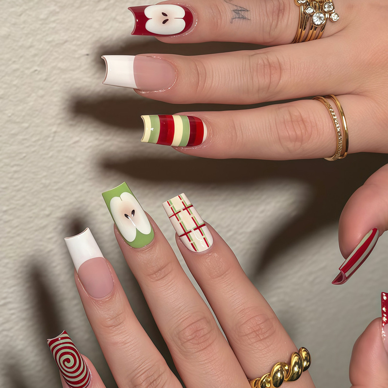 Spring and Summer Best-Selling Red and White French-Style Cute Apple Slice Red and Green Striped Red Swirl Striped Press-On Nails