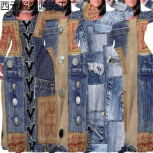 亚马逊热卖欧美跨境女装气质通勤休闲印花黑人带口袋连衣裙