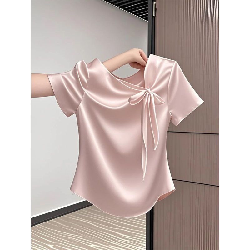 Summer 2025 New New Chinese Style Short-Sleeved T-Shirt for Women with Bow Tie Design, Good-Looking, Slimming Look and Versatile Top Summer 2025 New New Chinese Style Short-Sleeved T-Shirt for Women with Bow Tie Design, Good-Looking, Slimming Look and Versatile Top
