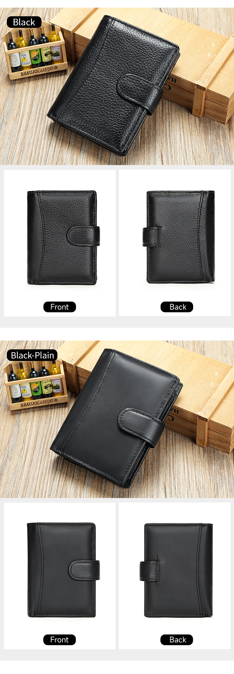 Ví nam da bò gập ba chống trộm RFID nhiều ngăn thẻ — Màu đen, Màu đen vân phẳng, Màu cà phê, Cà phê dầu chi tiết 6