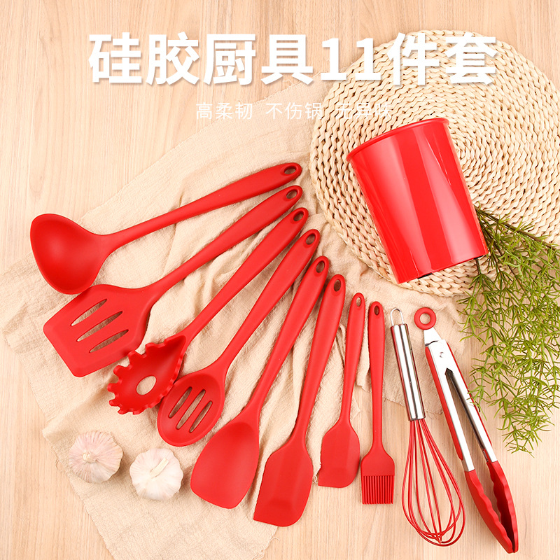 Pure Color Full Set Silicone Kitchenware 10-Piece Set + Storage Bucket, Kitchen Silicone Spatula and Spoon Integrated Silicone Kitchenware Set