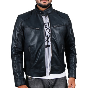 Foreign Trade Winter Business Gentleman Warm Zipper Cardigan Pocket Decorative PU Leather Clothing Vertical Collar Slim Leather Jacket P55