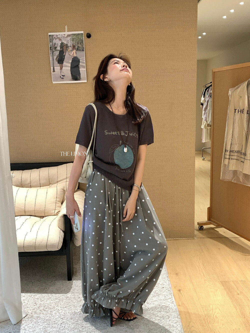 Quần culottes nữ ống rộng chấm bi phong cách vintage, cạp chun, dáng suông rộng thoải mái — màu đen, Màu bí ngô, màu trắng, màu xám chi tiết 15