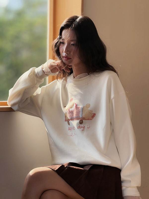 【旧梦糖匣】歌铭卡通小狗印花圆领卫衣女秋季韩系通勤上衣W548C|undefined