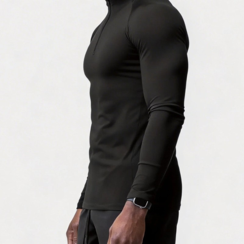 Cross-Border European and American Sports Fitness Tights for Men, Quick-Drying Half-Zip Solid Color Workout High-Elastic Compression Long-Sleeved Tops