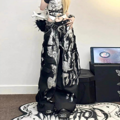 美式街头暗黑风重工扎染休闲裤女夏季气质复古宽松显瘦阔腿长裤子