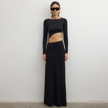 D442DS欧美跨境圆领长袖性感辣妹露腰美背低腰纯色修身长款连衣裙