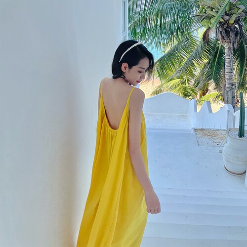 Beach Vacation Sexy Backless Strappy Dress for Women Summer Loose A-Line Skirt Gentle Yellow Long Dress