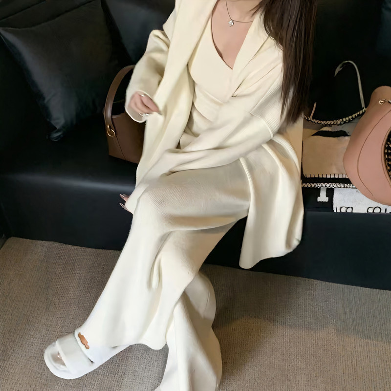 跨境气质通勤针织套装女秋冬加厚开衫外套+单肩背心+阔腿裤三件套|undefined