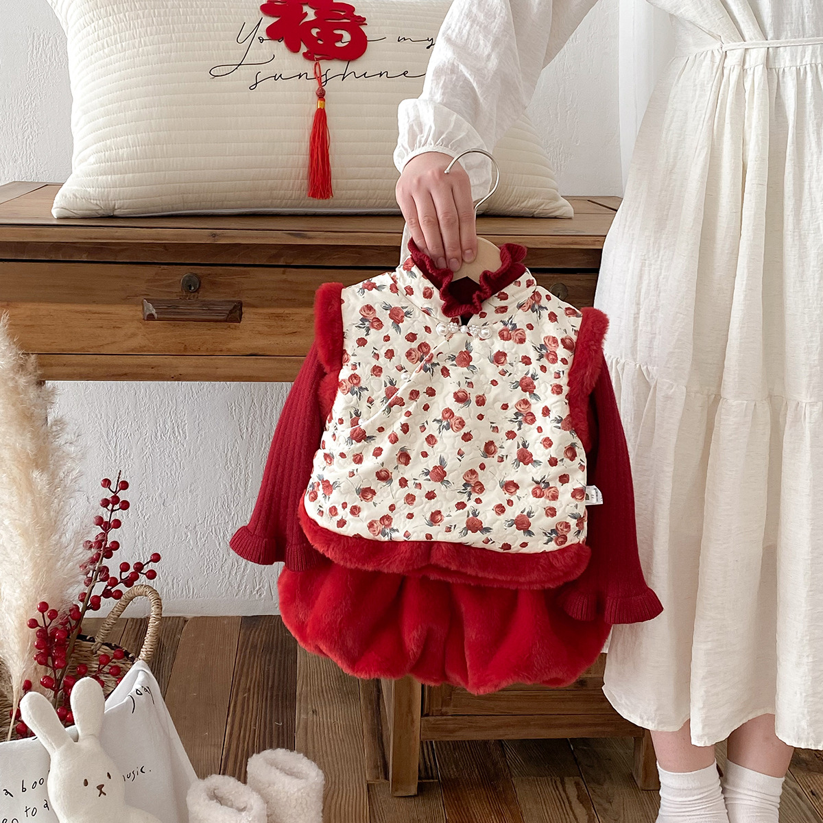 baby clothes winter new vest suit baby girl one year old dress western style red new year outwear