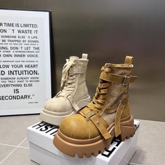 马丁靴女2025新款百搭拼接布面厚底松糕绑带休闲机车靴小个子短靴
