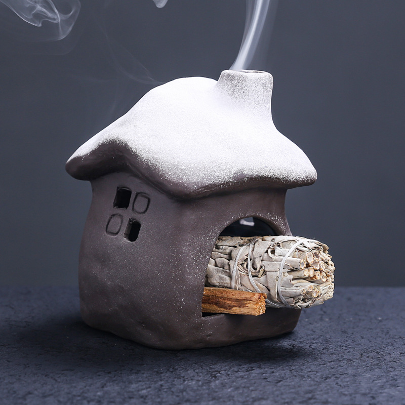 跨境陶瓷氛围感家居装饰品 鼠尾草秘鲁木祛味燃烧支架小壁炉房子|undefined