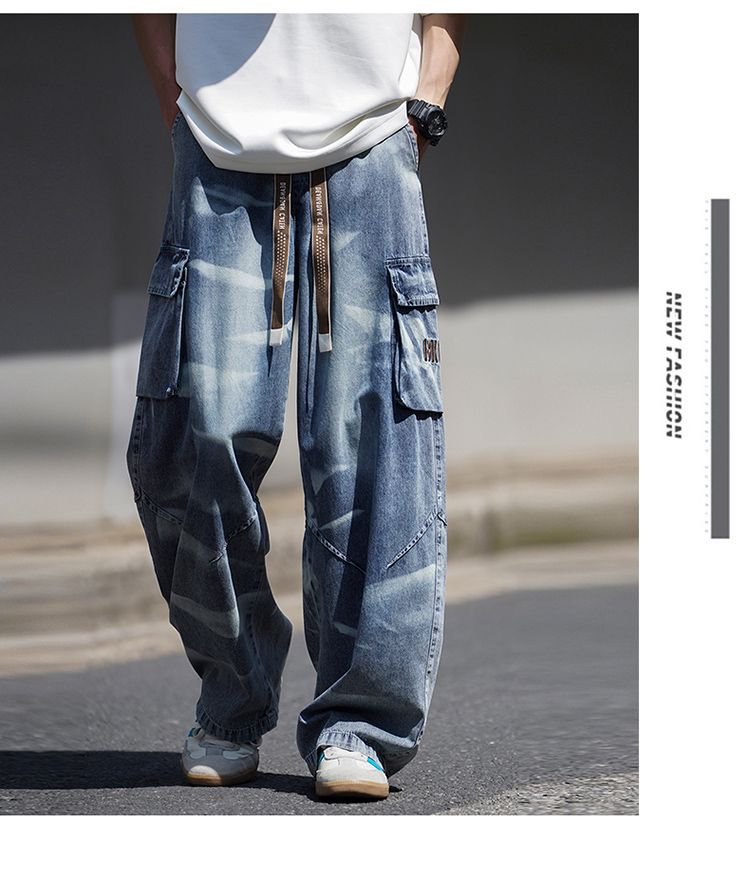 Men's Vintage Light Blue Jeans Retro High Street Hip Hop Design With Pockets Relaxed Straight Leg_mkmklike.com