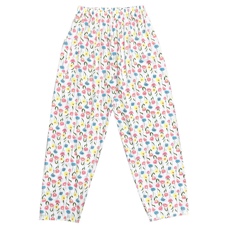 女性用コットンシルクパジャマ、夏用薄手の大きいサイズの人工コットンシルク、屋外で着用可能、家庭用花柄ロングパンツ、ストレートレッグワイド|undefined