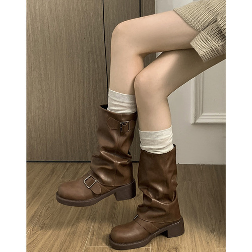 Retro Brown American Western Cowboy Boots Women's 2024 New Autumn Small Thin Thick Heel Stacked Short Boots