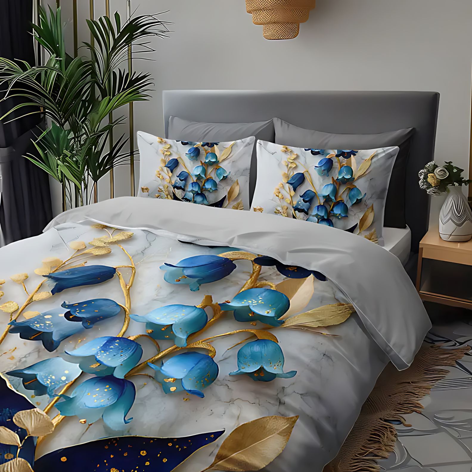 TEMU / JIT transfronterizo set de colcha azul planta floral diseño de impresión digital fuente de ropa de cama fabricantes