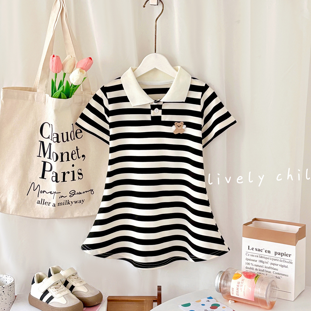 Vestido de verano de manga corta con rayas dulces estilo universitario, camisón de verano, falda de verano lista para usar para niñas.