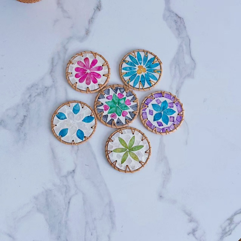 등나무 컬러 쉘 라운드 10cm 코스터 단일 조각 6가지 색상 선택