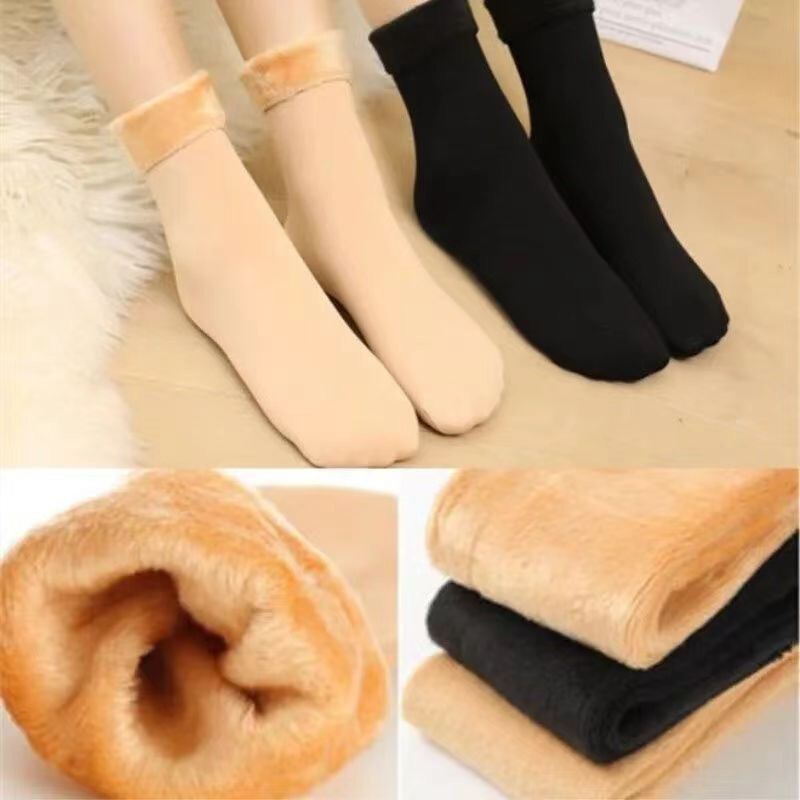 Autumn and Winter Snow Socks for Women and Men, Fleece-Lined and Thickened, Mid-Tube, Flesh-Colored, Warm Couple's Short Socks, Home Floor Socks
