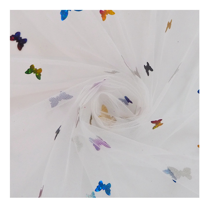 Fabricantes de mariposa colorida sequinilla tela de malla ropa infantil princesa vestido tela de malla ropa de rendimiento tela de malla en stock