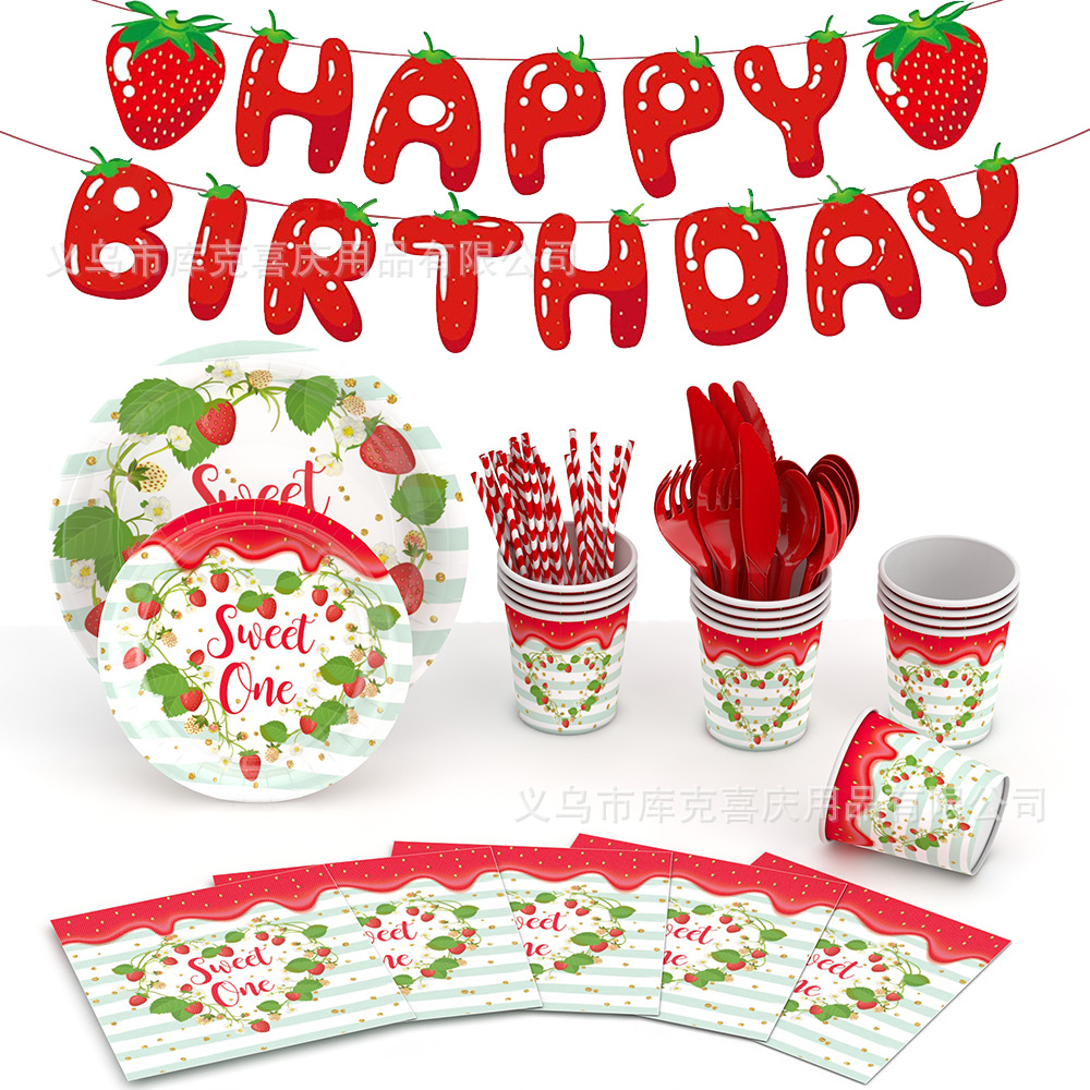 Amazon Spot Strawberry Theme Cumpleaños Fiesta Decoración Niños Años Bandeja de papel desechable Tira de papel Juego de bandera
