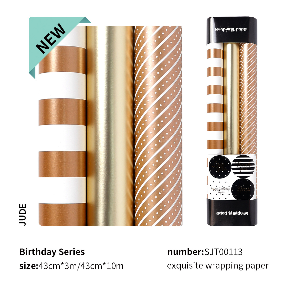 Papel enrollado de gran tamaño, lámina de oro, papel de embalaje de regalo de color metálico, papel de embalaje de regalo de cumpleaños de San Valentín, rayas de lunares