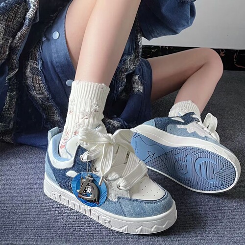 Denim stitching blue bread shoes for women American style original versatile height increasing casual shoes thick-soled sneakers for women