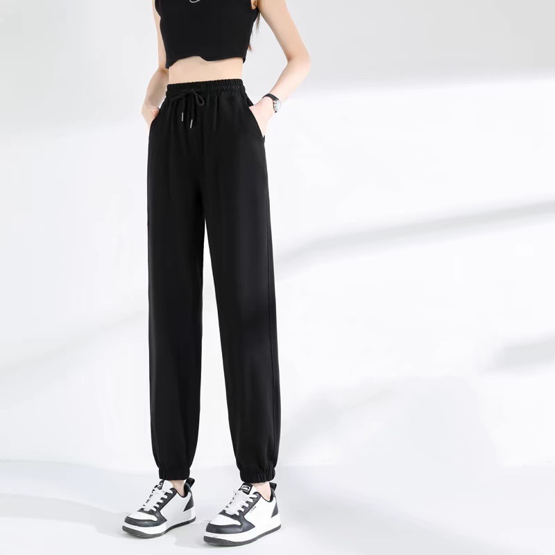 春と秋の女性用黒スウェットパンツ、ハイウエスト、小柄な人向けのゆったりとした夏用レギンス、カジュアルな裾の薄いスウェットパンツ|undefined