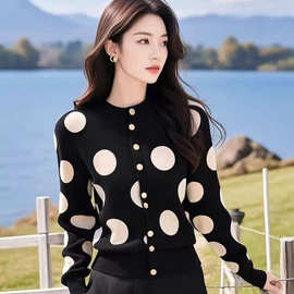 韩系穿搭秋冬高级感超好看圆领黑色波点针织开衫毛衣女设计感小众