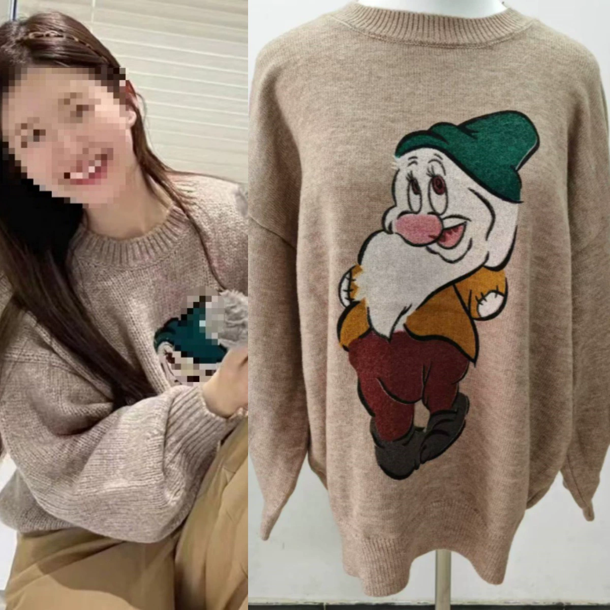 Женский свитер Zhao Rusi с мультяшным гномовым принтом, рукав-фонарик, утепленная верхняя одежда с круглым вырезом для осени и зимы, вязаный свитер