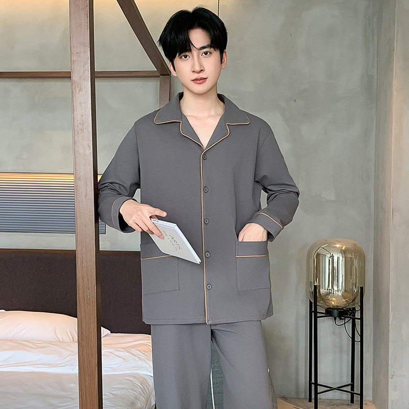 Pure Cotton Pajamas for Men, Spring and Autumn Long-Sleeved 2026 New Style Men's Simple Home Wear Suit, Can Be Worn Outside