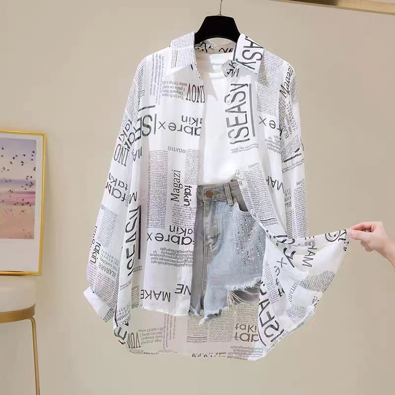 Damenbekleidung, lockeres Hemd, Damen, Sommer 2024, schickes Retro-Langarmshirt mit Zeitungsmotiv, Sonnenschutz, Cardigan für Damen_voghion.com