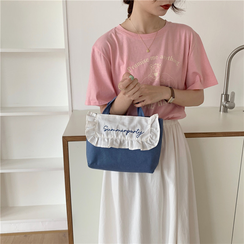 1441 Japanese and Korean chic Sweet ruffled bento Bag, Fresh embroidered hand-held small cloth bag, girl student bag wholesale undefined