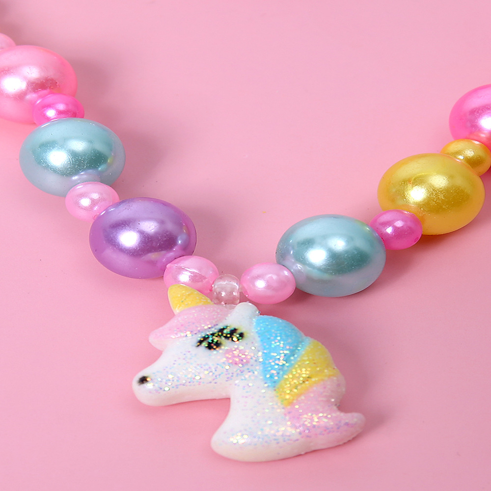 Pendant Unicorn Color round Beads Bracelet and Necklace Set